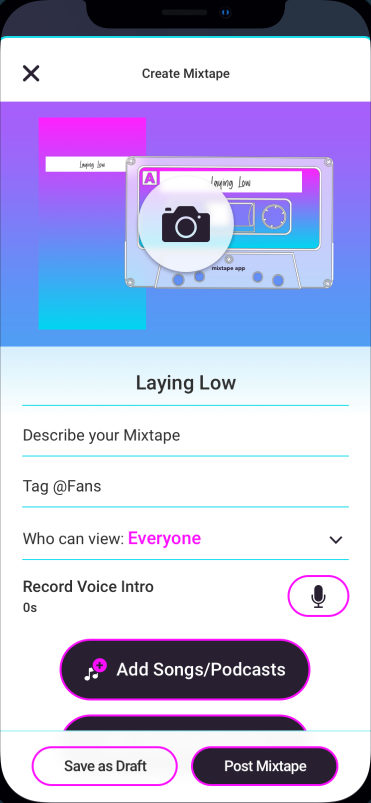 The Create Mixtape screen with a cover photo, a description, and Record Voice Intro.